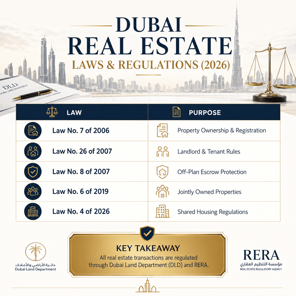 What are the Dubai real estate laws and regulations? Visual guide showing the main Dubai property laws every buyer, seller and tenant should know in 2026.