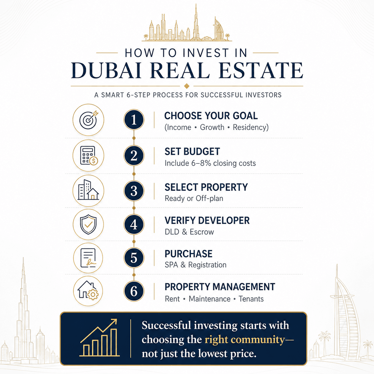 How to invest in Dubai real estate? Step-by-step infographic showing the investment process from choosing an area to property management.
